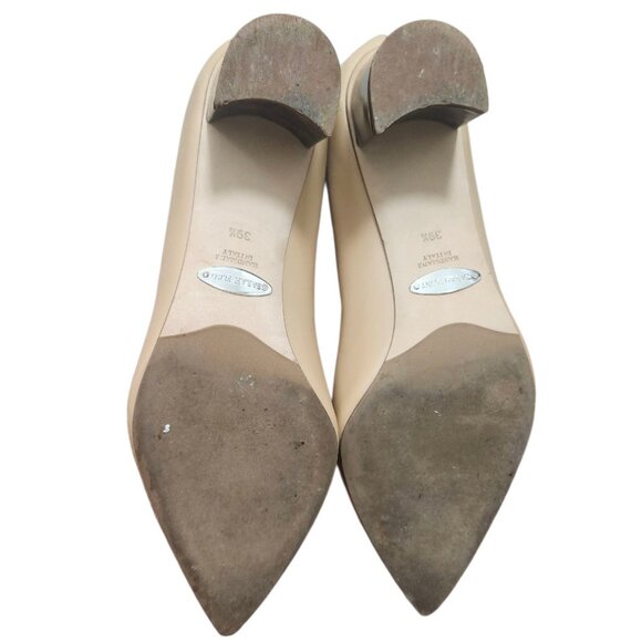 Sarah Flint Beige Leather Block Heel Pumps 39.5 Tortoise Heel Pointed Toe Italy - Picture 13 of 16